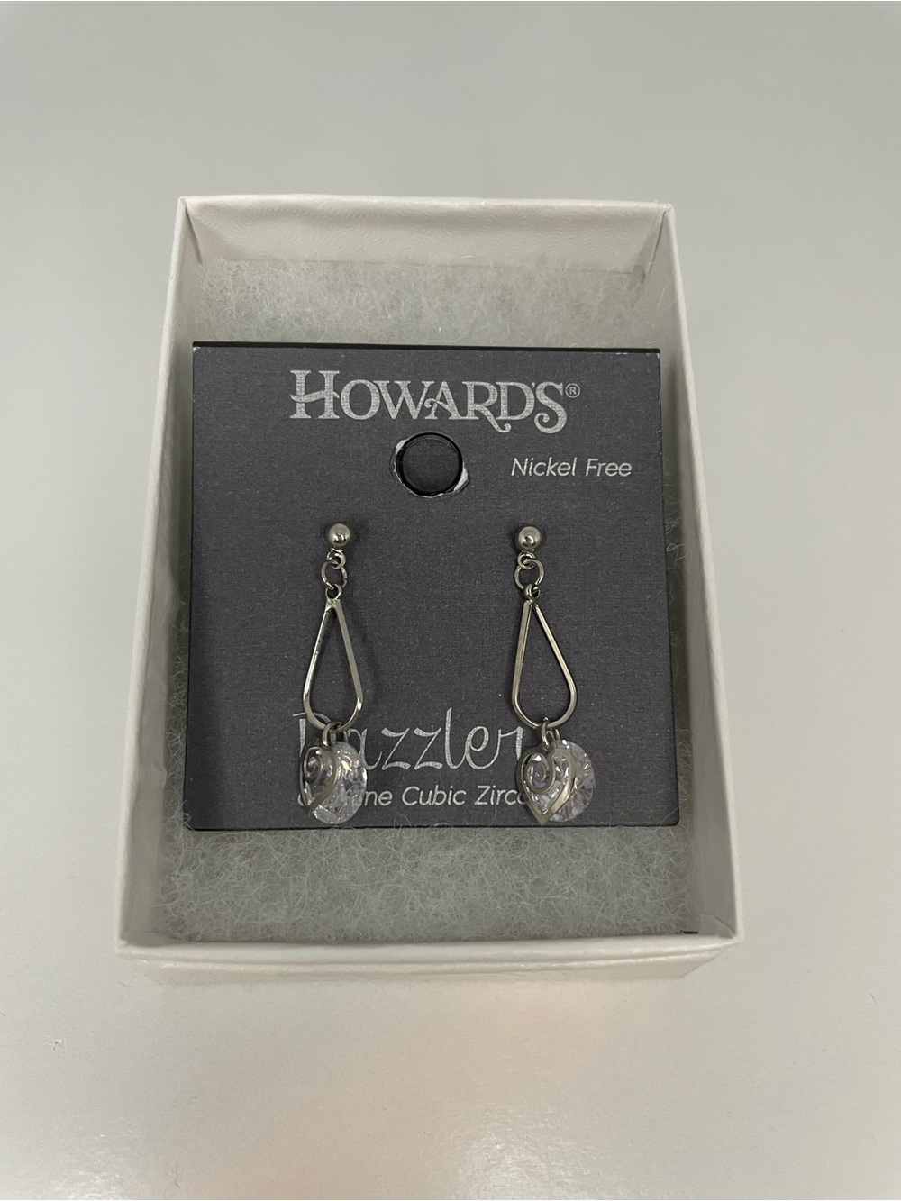 NIB Nickel-Free Silver Teardrop Earrings - Clear CZ Drops + Swirly Heart Charms